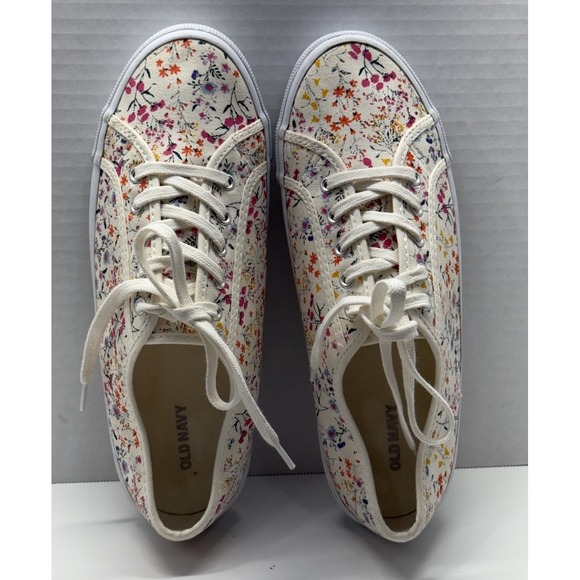 Old Navy Neutral Floral Canvas Vulc Sneakers Women 10 Cream Pink Flowers Lace Up - Picture 5 of 8